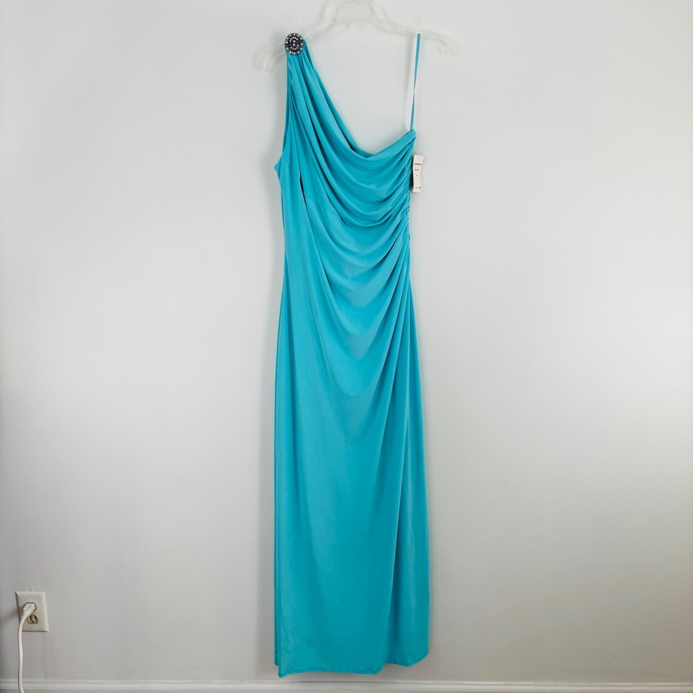 Lauren Ralph Lauren Turquoise One Shoulder Draped Gown Rhinestone Brooch Dress